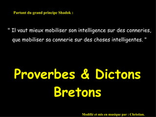 &quot; Il vaut mieux mobiliser son intelligence sur des conneries, que mobiliser sa connerie sur des choses intelligentes. &quot; Partant du grand principe Shadok : Proverbes & Dictons Bretons Modifié et mis en musique par : Christian. 