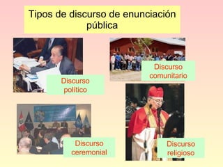 Tipos de discurso de enunciación pública Discurso ceremonial Discurso comunitario Discurso político Discurso religioso 