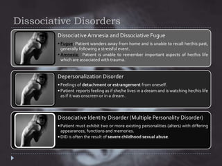 Dissociative Disorders
Dissociative Amnesia and Dissociative Fugue
• Fugue: Patient wanders away from home and is unable to recall her/his past,
generally following a stressful event.
• Amnesia: Patient is unable to remember important aspects of her/his life
which are associated with trauma.

Depersonalization Disorder
• Feelings of detachment or estrangement from oneself.
• Patient reports feeling as if she/he lives in a dream and is watching her/his life
as if it was onscreen or in a dream.

Dissociative Identity Disorder (Multiple Personality Disorder)
• Patient must exhibit two or more existing personalities (alters) with differing
appearances, functions and memories.
• DID is often the result of severe childhood sexual abuse.

 