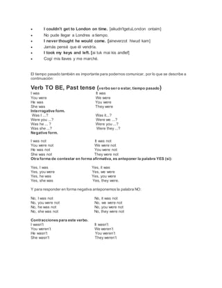  I couldn't get to London on time. [aikudn'tgetuLondon ontaim]
 No pude llegar a Londres a tiempo.
 I never thought he would come. [aineverzot hiwud kam]
 Jamás pensé que él vendría.
 I took my keys and left. [ai tuk mai kis andlef]
 Cogí mis llaves y me marché.
El tiempo pasado también es importante para podernos comunicar, por lo que se describe a
continuación:
Verb TO BE, Past tense (verbo ser o estar, tiempo pasado)
I was It was
You were We were
He was You were
She was They were
Interrogative form.
Was I ...? Was it...?
Were you ...? Were we ...?
Was he ... ? Were you ...?
Was she ...? Were they ...?
Negative form.
I was not It was not
You were not We were not
He was not You were not
She was not They were not
Otra forma de contestar en forma afirmativa, es anteponer la palabra YES (si):
Yes, I was Yes, it was
Yes, you were Yes, we were
Yes, he was Yes, you were
Yes, she was Yes, they were.
Y para responder en forma negativa anteponemos la palabra NO:
No, I was not No, it was not
No, you were not No, we were not
No, he was not No, you were not
No, she was not No, they were not
Contracciones para este verbo.
I wasn't It wasn't
You weren’t We weren’t
He wasn't You weren’t
She wasn't They weren’t
 