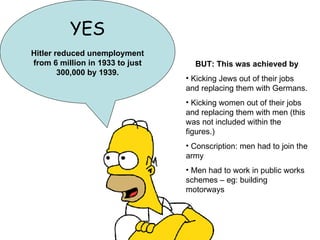 YES Hitler reduced unemployment from 6 million in 1933 to just 300,000 by 1939. BUT: This was achieved by Kicking Jews out of their jobs and replacing them with Germans. Kicking women out of their jobs and replacing them with men (this was not included within the figures.) Conscription: men had to join the army Men had to work in public works schemes – eg: building motorways 