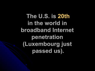 The U.S. is  20th in the world in  broadband Internet  penetration  (Luxembourg just  passed us). 