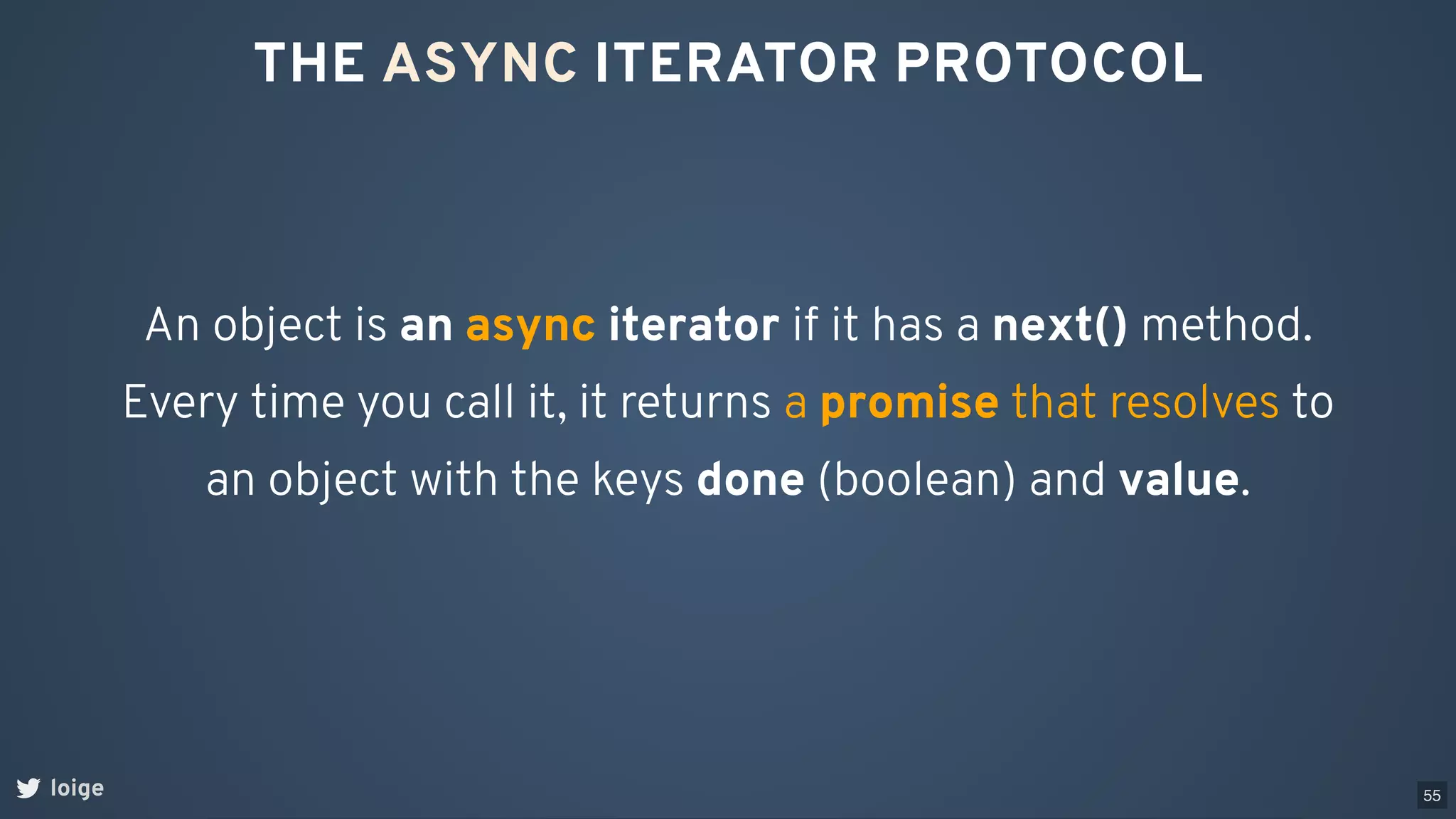THE ASYNC ITERATOR PROTOCOL
An object is an async iterator if it has a next() method.
Every time you call it, it returns a promise that resolves to
an object with the keys done (boolean) and value.
loige 55
 
