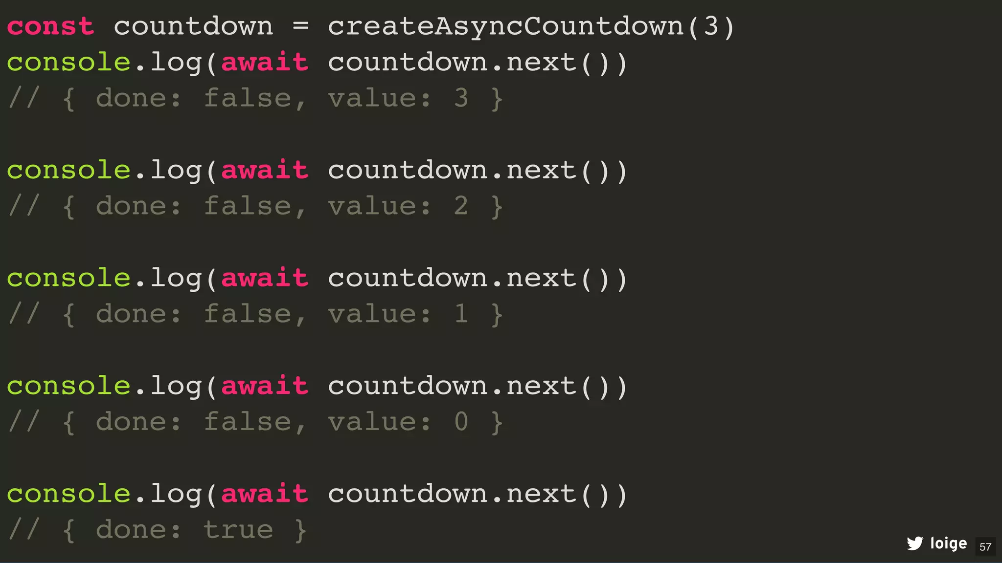 const countdown = createAsyncCountdown(3)
console.log(await countdown.next())
// { done: false, value: 3 }
console.log(await countdown.next())
// { done: false, value: 2 }
console.log(await countdown.next())
// { done: false, value: 1 }
console.log(await countdown.next())
// { done: false, value: 0 }
console.log(await countdown.next())
// { done: true } loige 57
 