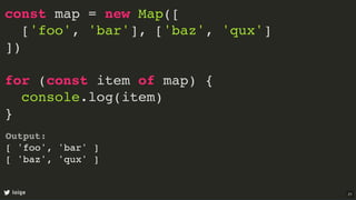 const map = new Map([
['foo', 'bar'], ['baz', 'qux']
])
for (const item of map) {
console.log(item)
}
loige
Output:
[ 'foo', 'bar' ]
[ 'baz', 'qux' ]
21
 
