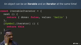 const iterableIterator = {
next () {
return { done: false, value: 'hello' }
},
[Symbol.iterator] () {
return this
}
}
An object can be an iterable and an iterator at the same time!
loige 50
 