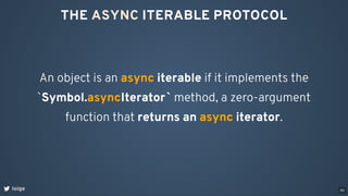 THE ASYNC ITERABLE PROTOCOL
An object is an async iterable if it implements the
`Symbol.asyncIterator` method, a zero-argument
function that returns an async iterator.
loige 60
 