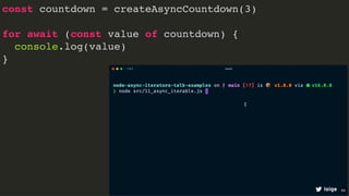 const countdown = createAsyncCountdown(3)
for await (const value of countdown) {
console.log(value)
}
loige 64
 