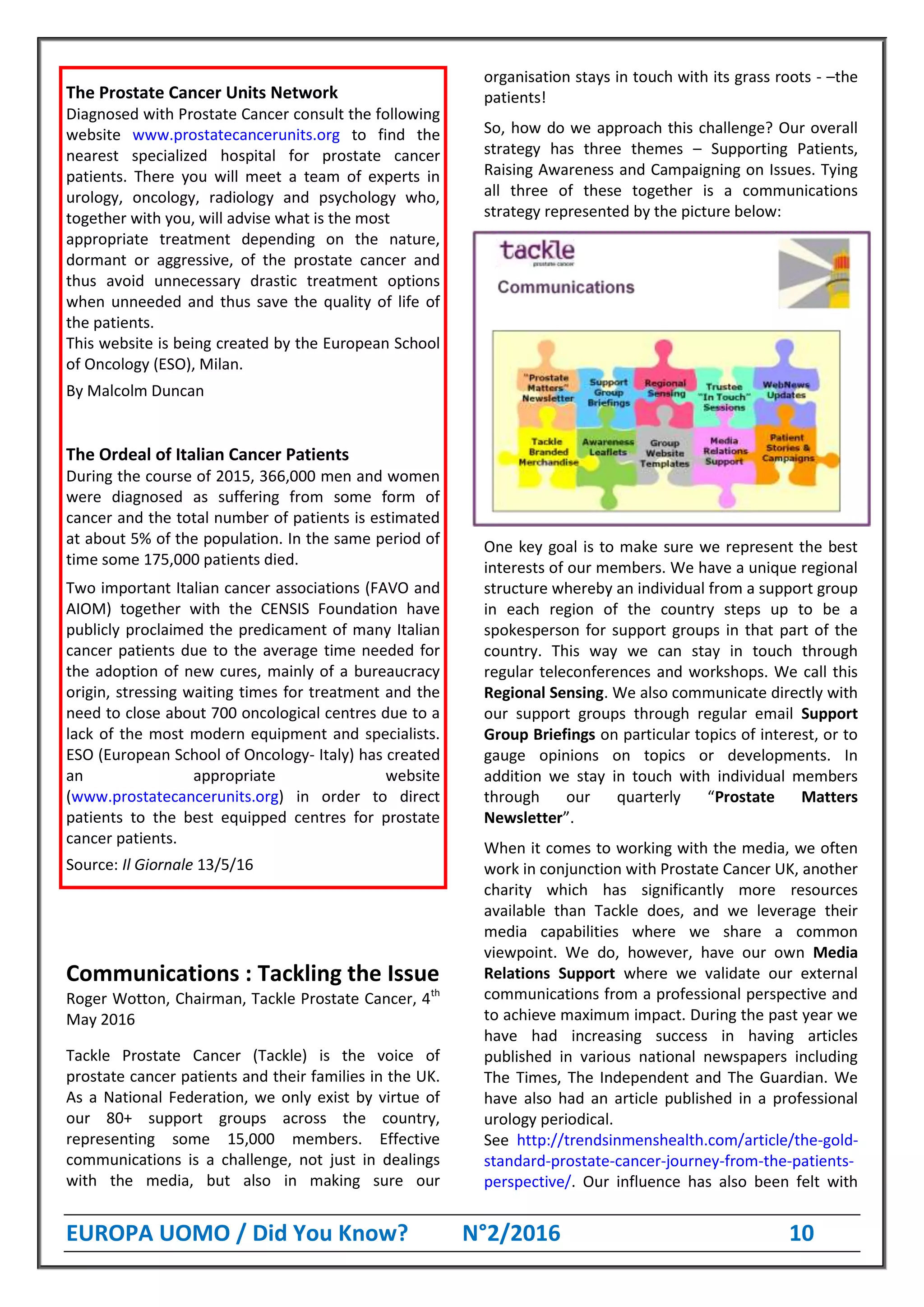 EUROPA UOMO / Did You Know? N°2/2016 10
The Prostate Cancer Units Network
Diagnosed with Prostate Cancer consult the following
website www.prostatecancerunits.org to find the
nearest specialized hospital for prostate cancer
patients. There you will meet a team of experts in
urology, oncology, radiology and psychology who,
together with you, will advise what is the most
appropriate treatment depending on the nature,
dormant or aggressive, of the prostate cancer and
thus avoid unnecessary drastic treatment options
when unneeded and thus save the quality of life of
the patients.
This website is being created by the European School
of Oncology (ESO), Milan.
By Malcolm Duncan
The Ordeal of Italian Cancer Patients
During the course of 2015, 366,000 men and women
were diagnosed as suffering from some form of
cancer and the total number of patients is estimated
at about 5% of the population. In the same period of
time some 175,000 patients died.
Two important Italian cancer associations (FAVO and
AIOM) together with the CENSIS Foundation have
publicly proclaimed the predicament of many Italian
cancer patients due to the average time needed for
the adoption of new cures, mainly of a bureaucracy
origin, stressing waiting times for treatment and the
need to close about 700 oncological centres due to a
lack of the most modern equipment and specialists.
ESO (European School of Oncology- Italy) has created
an appropriate website
(www.prostatecancerunits.org) in order to direct
patients to the best equipped centres for prostate
cancer patients.
Source: Il Giornale 13/5/16
Communications : Tackling the Issue
Roger Wotton, Chairman, Tackle Prostate Cancer, 4th
May 2016
Tackle Prostate Cancer (Tackle) is the voice of
prostate cancer patients and their families in the UK.
As a National Federation, we only exist by virtue of
our 80+ support groups across the country,
representing some 15,000 members. Effective
communications is a challenge, not just in dealings
with the media, but also in making sure our
organisation stays in touch with its grass roots - –the
patients!
So, how do we approach this challenge? Our overall
strategy has three themes – Supporting Patients,
Raising Awareness and Campaigning on Issues. Tying
all three of these together is a communications
strategy represented by the picture below:
One key goal is to make sure we represent the best
interests of our members. We have a unique regional
structure whereby an individual from a support group
in each region of the country steps up to be a
spokesperson for support groups in that part of the
country. This way we can stay in touch through
regular teleconferences and workshops. We call this
Regional Sensing. We also communicate directly with
our support groups through regular email Support
Group Briefings on particular topics of interest, or to
gauge opinions on topics or developments. In
addition we stay in touch with individual members
through our quarterly “Prostate Matters
Newsletter”.
When it comes to working with the media, we often
work in conjunction with Prostate Cancer UK, another
charity which has significantly more resources
available than Tackle does, and we leverage their
media capabilities where we share a common
viewpoint. We do, however, have our own Media
Relations Support where we validate our external
communications from a professional perspective and
to achieve maximum impact. During the past year we
have had increasing success in having articles
published in various national newspapers including
The Times, The Independent and The Guardian. We
have also had an article published in a professional
urology periodical.
See http://trendsinmenshealth.com/article/the-gold-
standard-prostate-cancer-journey-from-the-patients-
perspective/. Our influence has also been felt with
 