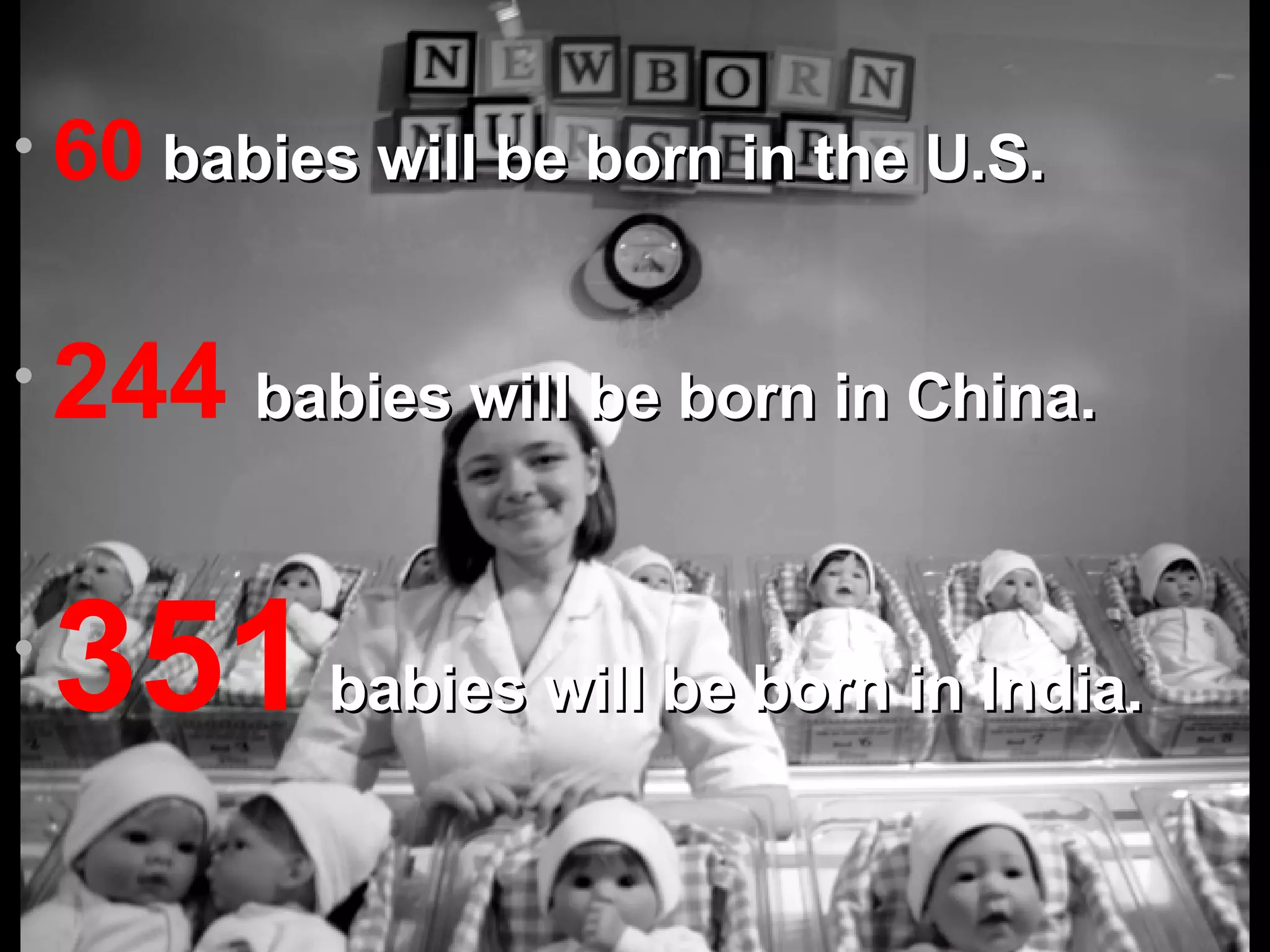60   babies will be born in the U.S. 244  babies will be born in China. 351   babies will be born in India. 