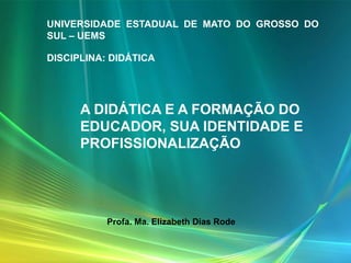 A DIDÁTICA E A FORMAÇÃO DO
EDUCADOR, SUA IDENTIDADE E
PROFISSIONALIZAÇÃO
UNIVERSIDADE ESTADUAL DE MATO DO GROSSO DO
SUL – UEMS
DISCIPLINA: DIDÁTICA
Profa. Ma. Elizabeth Dias Rode
 