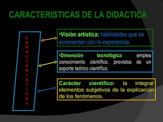 CARACTERISTICAS DE LA DIDACTICA Visión artística:   habilidades que se acrecientan con la experiencia. Dimensión tecnológica :  emplea conocimiento científico. provistos de un soporte teórico científico. Carácter científico:   la integrar elementos subjetivos de la explicación de los fenómenos.  