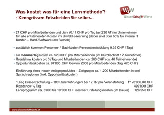 Was kostet was für eine Lernmethode?
   - Kenngrössen	
  Entscheiden	
  Sie	
  selber...	
  

   27 CHF pro Mitarbeitenden und Jahr (0.11 CHF pro Tag bei 230 AT) im Unternehmen
    für alle entstehenden Kosten im Umfeld e-learning (dabei sind über 60% für interne IT
    Kosten – Hard-/Software und Betrieb)

   zusätzlich kommen Personen- / Sachkosten Personalentwicklung 0.35 CHF / Tag)

   ein Seminartag kostet ca. 520 CHF pro Mitarbeitenden (im Durchschnitt 12 Teilnehmer)
   Roadshow kosten pro ½ Tag und Mitarbeitenden ca. 200 CHF (ca. 40 Teilnehmende)
   Opportunitätskosten ca. 97‘000 CHF Gewinn 2008 pro Mitarbeitenden (Tag 420 CHF)

    Einführung eines neuen Anlageproduktes – Zielgruppe ca. 1‘200 Mitarbeitenden in drei
    Sprachregionen (inkl. Opportunitätskosten)

    1.Tag Präsenzschulung – 100 Durchführungen bei 12 TN pro Veranstaltung 1‘128‘000.00 CHF
    Roadshow ½ Tag                                                              492‘000 CHF
    Lernprogramm ca. 6‘000 bis 10‘000 CHF interner Erstellungskosten (2h Dauer) 126‘552 CHF




www.wissenschaﬀtwerte.ch	
  
 