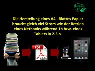 Die Herstellung eines A4 - Blattes Papier
braucht gleich viel Strom wie der Betrieb
 eines Netbooks während 1h bzw. eines
             Tablets in 2-3 h.
 