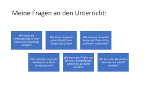 Meine Fragen an den Unterricht:
Wie kann die
Heterogenität in einer
Klasse berücksichtigt
werden?
Wie kann Lernen in
unterschiedlichem
Tempo stattfinden
Wie können Lernende
verpasste Unterrichts-
einheiten nachholen?
Wie erhalten Lernende
Feedbacks zu Ihren
Lernprozessen?
Wie kann das Prüfen von
Wissen / Kompetenzen
effizienter gestaltet
werden?
Wie kann die Motivation
beim Lernen erhöht
werden?
 