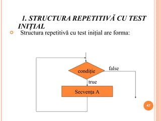 1. STRUCTURA REPETITIVĂ CU TEST INIŢIAL Structura repetitiv ă  cu test  iniţial are forma: condiţie Secvenţa A true false 