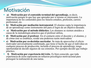 Motivación
 a) Motivación por el contenido terminal del aprendizaje, es decir,
    motivación porque lo que hay que aprender por sí mismo es interesante. La
    importancia de los contenidos para los futuros estudios, profesión, carrera
    profesional, etc.
   b) Motivación por mediación instrumental. El alumno capta la importancia
    de un aprendizaje como instrumento útil para el logro de un objetivo deseado.
    c) Motivación por el método didáctico. Los alumnos se sienten atraídos a
    causa de la metodología atractiva que el profesor utiliza,
   d) Motivación por el profesor. En el contacto entre el docente y el alumno, y
    de cómo éste se establece, reside una poderosa razón motivadora
   e) Motivación por co-decisión curricular. Se trata de aprovechar el efecto
    motivador universalmente confirmado, que tiene el hecho de que el individuo en
    cualquier proceso de producción, incluido el proceso de aprendizaje, tenga
    oportunidad de decidir algunos de sus extremos. Por ejemplo decidir que trabajo
    práctico.
     f) Motivación por experiencia del éxito. Es bien conocido, que toda
    experiencia de éxito representa un refuerzo psicológico motivacional para
    proseguir la realización de una tarea.
 