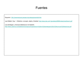 Fuentes
Esquema http://peremarques.pangea.org/uabppgra/actodid.htm
Juan Mallart. Cap. 1: Didáctica: concepto, objeto y finalidad. http://www.xtec.cat/~tperulle/act0696/notesUned/tema1.pdf
Las estrategias y técnicas didácticas en el rediseño
http://www.uctemuco.cl/cedid/archivos/apoyo/Capacitacion%20en%20estrategias%20y%20tecnicas%20didacticas.pdf