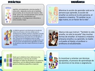 Didáctica                                                                 Enseñanza

   significó, principalmente, arte de enseñar. Y
   como arte, dependía mucho de la habilidad                Mientras la acción de aprender está en la
   para enseñar, de la intuición del maestro. Más           persona que aprende, la acción de
   tarde pasó a ser conceptualizada como ciencia            enseñar se centra en la otra persona, el
   y arte de enseñar, prestándose, por
   consiguiente, a investigaciones referentes a             maestro o maestra. "El cambiar no es
   cómo enseñar mejor.                                      algo nuevo, es un factor de la vida".




   La didáctica general, está destinada al estudio de
   todos los principios y técnicas válidas para la          Abarca más que instruir: "También la vida
   enseñanza de cualquier materia o disciplina. Estudia
   el problema de la enseñanza de modo general, sin         enseña, no solo la escuela" Hay muchas
   las especificaciones que varían de una disciplina a      formas de enseñar: el maestro o maestra
   otra. Procura ver la enseñanza como un todo,
   estudiándola en sus condiciones más generales, con
                                                            artesana enseña a su aprendiz, la madre
   el fin de iniciar procedimientos aplicables en todas     o el padre al hijo(a), el profesor o
   las disciplinas y que den mayor eficiencia a lo que se   profesora al estudiantado.
   enseña.




   Dado que la didáctica hace referencia a los
   procedimientos y técnicas de enseñar                     Es incentivar y orientar con técnicas
   aplicables en todas las disciplinas o en materias        apropiadas, el proceso de aprendizaje de
   específicas, se le ha diferenciado en didáctica
   general y didáctica específica o especial.
                                                            los alumnos en las áreas o asignaturas.
 