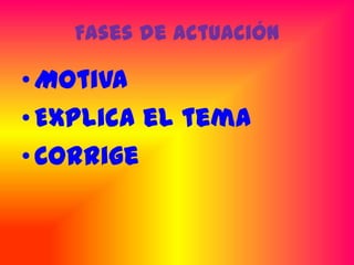 Fases de actuación

• Motiva
• Explica el tema
• Corrige
 