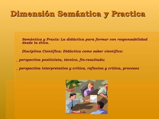 Dimensión Semántica y Practica Semántica y Praxis: La didáctica para formar con responsabilidad desde la ética. Disciplina Científica: Didáctica como saber científico: _ perspectiva positivista, técnico, fin-resultado; _ perspectiva interpretativa y crítica, reflexiva y crítica, procesos 