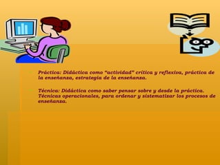 Práctica: Didáctica como “actividad” crítica y reflexiva, práctica de la enseñanza, estrategia de la enseñanza. Técnica: Didáctica como saber pensar sobre y desde la práctica. Técnicas operacionales, para ordenar y sistematizar los procesos de enseñanza. 
