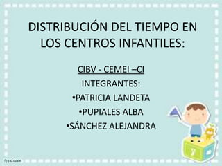 DISTRIBUCIÓN DEL TIEMPO EN
LOS CENTROS INFANTILES:
CIBV - CEMEI –CI
INTEGRANTES:
•PATRICIA LANDETA
•PUPIALES ALBA
•SÁNCHEZ ALEJANDRA

 