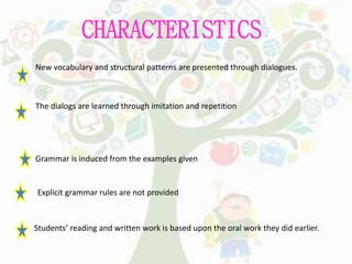 CHARACTERISTICS
New vocabulary and structural patterns are presented through dialogues.
The dialogs are learned through imitation and repetition
Grammar is induced from the examples given
Explicit grammar rules are not provided
Students’ reading and written work is based upon the oral work they did earlier.
 