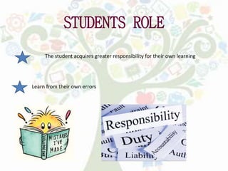 STUDENTS ROLE
The student acquires greater responsibility for their own learning
Learn from their own errors
 