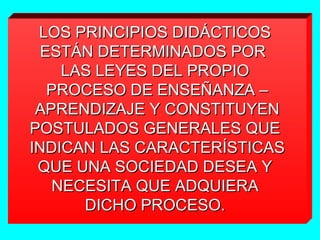 LOS PRINCIPIOS DIDÁCTICOSLOS PRINCIPIOS DIDÁCTICOS
ESTÁN DETERMINADOS PORESTÁN DETERMINADOS POR
LAS LEYES DEL PROPIOLAS LEYES DEL PROPIO
PROCESO DE ENSEÑANZA –PROCESO DE ENSEÑANZA –
APRENDIZAJE Y CONSTITUYENAPRENDIZAJE Y CONSTITUYEN
POSTULADOS GENERALES QUEPOSTULADOS GENERALES QUE
INDICAN LAS CARACTERÍSTICASINDICAN LAS CARACTERÍSTICAS
QUE UNA SOCIEDAD DESEA YQUE UNA SOCIEDAD DESEA Y
NECESITA QUE ADQUIERANECESITA QUE ADQUIERA
DICHO PROCESO.DICHO PROCESO.
 