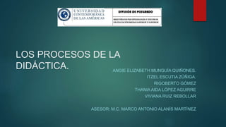 LOS PROCESOS DE LA
DIDÁCTICA. ANGIE ELIZABETH MUNGUÍA QUIÑONES.
ITZEL ESCUTIA ZÚÑIGA.
RIGOBERTO GÓMEZ
THANIA AIDA LÓPEZ AGUIRRE
VIVIANA RUIZ REBOLLAR
ASESOR: M.C. MARCO ANTONIO ALANÍS MARTÍNEZ
 