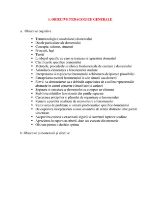 1. OBIECIVE PEDAGOGICE GENERALE
a. Obiective cognitive
 Termminologia (vocabularul) domeniului
 Datele particulare ale domeniului
 Concepte, scheme, structuri
 Principii, legi
 Teorii
 Limbajul specific cu care se trateaza si reprezinta domeniul
 Clasificarile specifice domeniului
 Metodele, procedeele si tehnice fundamentale de ceretare a domeniului
 Asimilarea elementara a fenomenelor studiate
 Interpretarea si explicarea fenomenului (elaborarea de ipoteze plauzibile)
 Extrapolarea esentei fenomenului in alte situatii sau domenii
 Elevul sa demonstreze ca a dobindit capacitatea de a utiliza reprezentaile
abstracte in cazuri concrete (situatii noi si variate)
 Seperare si cercetare a elementelor ce compun un element
 Stabilirea relatiilor functionale din partile separate
 Cercetarea pricipiilor si planului de organizare a fenomenului
 Reunire a partilor analizate de reconstruire a fenomenului
 Rezolvarea de probleme si situatii problematice specifice domeniului
 Descoperirea independenta a unui ansamblu de relatii abstracte intre partile
sintetizate
 Acoperirea corecta a exactitatii, rigorii si coerentei faptelor studiate
 Aprecierea in raport cu criterii, date sau evocate din memorie
 Obtiune pentru o decizie optima
b. Obiective psihomotorii şi afective
 