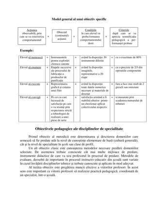 Model general al unui obiectiv specific
Exemple:
Elevul să numească + Instrumentele
pentru explorări
chimice curente
+ având la dispoziţie 30
instrumente diferite
+ cu o exactitate de 80%
Elevul să enumere + Etapele succesive
ale procesului de
fabricaţie a
produselor de
panificaţie
+ având la dispoziţie
imaginile,
reprezentative a 20
etape
+ cu o precizie de 2/3 din
operatiile componente
Elevul să execute + Reprezentarea
grafică şi cotarea
unui filet
+ având la dispoziţie
toate datele numerice
necesare şi materiale de
desenat
+ fara a face mai mult de 2
greseli sau omisiuni
Elevul să convigă + Pe cei cu care
lucrează de
satisfacţie pe care
o va resimţi prin
respectarea strictă
a tehnologiei de
realizare a unei
piese de serie
+ satisfacţia urmând a fi
stabilită ulterior printr-
un chestionar aplicat
colectivzului respectiv
+ si masurata prin
scadereea numarului de
rebuturi
Obiectivele pedagogice ale disciplinelor de specialitate
Primul obiectiv al metodicii este determinarea şi descrierea domeniilor care
urmează să fie predate atât la nivel de cunoştinţe elementare de bază (cultură generală),
cât şi la nivel de specialitate în şcoli sau clase de profil.
Un alt obiectiv clasic este cunoaşterea metodelor necesare predării domeniilor
selectate. De asemenea trebuie conoscute cât mai multe mijloace de predare,
instrumente didactice de care va uza profesorul în procesul de predare. Metodele de
evaluare, deosebit de importante în procesul instructiv-educativ din şcoală sunt variate
în cazul învăţării disciplinelor tehnice şi trebuie cunoscute şi aplicate în mod adecvat.
Al treilea obiectiv este pregătirea muncii efective a viitorilor profesori. În acest
sens este important ca viitorii profesori să realizeze practică pedagogică, coordonată de
un specialist, într-o şcoală.
+ +
Obiectul
(conţinutul)
acţiunii
Condiţiile
în care elevul va
proba formarea
comportamentului
dorit
Criteriile
după care se va
aprecia semnificaţia
pedagogică a per-
formanţei probate
+
Acţiunea
observabilă, prin
care se va exterioriza
comportamentul
 