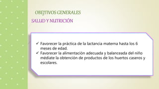  Favorecer la práctica de la lactancia materna hasta los 6
meses de edad.
 Favorecer la alimentación adecuada y balanceada del niño
médiate la obtención de productos de los huertos caseros y
escolares.
 