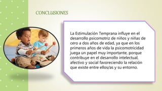 La Estimulación Temprana influye en el
desarrollo psicomotriz de niños y niñas de
cero a dos años de edad, ya que en los
primeros años de vida la psicomotricidad
juega un papel muy importante, porque
contribuye en el desarrollo intelectual,
afectivo y social favoreciendo la relación
que existe entre ellos/as y su entorno.
 