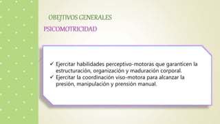 Ejercitar habilidades perceptivo-motoras que garanticen la
estructuración, organización y maduración corporal.
 Ejercitar la coordinación viso-motora para alcanzar la
presión, manipulación y prensión manual.
 