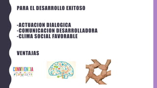 PARA EL DESARROLLO EXITOSO
-ACTUACION DIALOGICA
-COMUNICACION DESARROLLADORA
-CLIMA SOCIAL FAVORABLE
VENTAJAS
 