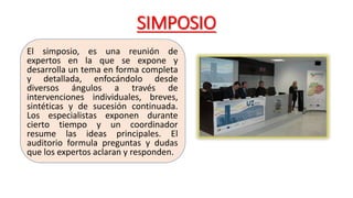 SIMPOSIO
El simposio, es una reunión de
expertos en la que se expone y
desarrolla un tema en forma completa
y detallada, enfocándolo desde
diversos ángulos a través de
intervenciones individuales, breves,
sintéticas y de sucesión continuada.
Los especialistas exponen durante
cierto tiempo y un coordinador
resume las ideas principales. El
auditorio formula preguntas y dudas
que los expertos aclaran y responden.
 