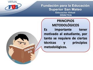 DIDACTICA

         PRINCIPIOS
     METODOLÓGICOS
Es     importante     tener
motivado al estudiante, por
tanto se requiere de ciertas
técnicas     y    principios
metodológicos.
 