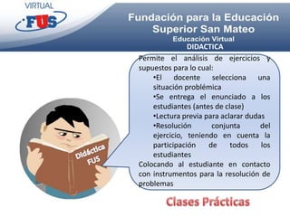 DIDACTICA
Permite el análisis de ejercicios y
supuestos para lo cual:
    •El docente selecciona una
    situación problémica
    •Se entrega el enunciado a los
    estudiantes (antes de clase)
    •Lectura previa para aclarar dudas
    •Resolución       conjunta       del
    ejercicio, teniendo en cuenta la
    participación    de     todos    los
    estudiantes
Colocando al estudiante en contacto
con instrumentos para la resolución de
problemas
 