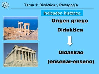 1 Tema 1: Didáctica y Pedagogía
Indicador: históricoIndicador: histórico
DidaskaoDidaskao
(enseñar-enseño)(enseñar-enseño)
DidakticaDidaktica
Origen griegoOrigen griego
 