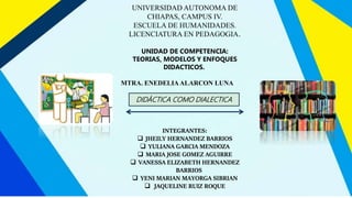 UNIVERSIDAD AUTONOMA DE
CHIAPAS, CAMPUS IV.
ESCUELA DE HUMANIDADES.
LICENCIATURA EN PEDAGOGIA.
UNIDAD DE COMPETENCIA:
TEORIAS, MODELOS Y ENFOQUES
DIDACTICOS.
MTRA. ENEDELIA ALARCON LUNA
INTEGRANTES:
 JHEILY HERNANDEZ BARRIOS
 YULIANA GARCIA MENDOZA
 MARIA JOSE GOMEZ AGUIRRE
 VANESSA ELIZABETH HERNANDEZ
BARRIOS
 YENI MARIAN MAYORGA SIBRIAN
 JAQUELINE RUIZ ROQUE
DIDÁCTICA COMO DIALECTICA
 