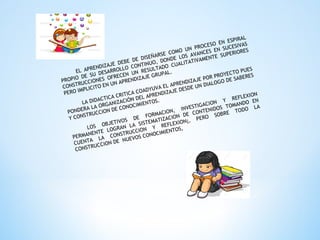EL APRENDIZAJE DEBE DE DISEÑARSE COMO UN PROCESO EN ESPIRAL
PROPIO DE SU DESARROLLO CONTINUO, DONDE LOS AVANCES EN SUCESIVAS
CONSTRUCCIONES OFRECEN UN RESULTADO CUALITATIVAMENTE SUPERIORES
PERO IMPLICITO EN UN APRENDIZAJE GRUPAL.
LA DIDACTICA CRITICA COADYUVA EL APRENDIZAJE POR PROYECTO PUES
PONDERA LA ORGANIZACIÓN DEL APRENDIZAJE DESDE UN DIALOGO DE SABERES
Y CONSTRUCCION DE CONOCIMIENTOS.
LOS OBJETIVOS DE FORMACION, INVESTIGACION Y REFLEXION
PERMANENTE LOGRAN LA SISTEMATIZACION DE CONTENIDOS TOMANDO EN
CUENTA LA CONSTRUCCION Y REFLEXION¡, PERO SOBRE TODO LA
CONSTRUCCION DE NUEVOS CONOCIMIENTOS,
 