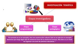 .
Etapa investigadora
INVESTIGACIÓN TEMÁTICA
Etapa
pedagógica
Etapa
programática
“El currículo no es un concepto, sino una construcción cultural. Esto no se trata de un concepto
abstracto que tenga algún tipo de existencia fuera de la existencia humana. Mas bien es un modo
de organizar una serie de prácticas educativas. “
 