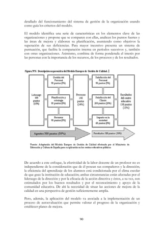 90
detallado del funcionamiento del sistema de gestión de la organización usando
como guía los criterios del modelo.
El modelo identifica una serie de características en los elementos clave de las
organizaciones y propone que se comparen con ellas, analicen los puntos fuertes y
las áreas de mejora y elaboren su planificación, asumiendo como objetivos la
superación de sus deficiencias. Para mayor incentivo presenta un sistema de
puntuación, que facilita la comparación interna en períodos sucesivos y, también
con otras organizaciones. Asimismo, combina de forma ponderada el interés por
las personas con la importancia de los recursos, de los procesos y de los resultados.
De acuerdo a este enfoque, la efectividad de la labor docente de un profesor no es
independiente de la consideración que de él posean sus compañeros y la dirección;
la eficiencia del aprendizaje de los alumnos está condicionada por el clima escolar
de que goce la institución de educación; ambas circunstancias están afectadas por el
liderazgo de la dirección y por la eficacia de la acción directiva y éstos, a su vez, son
estimulados por los buenos resultados y por el reconocimiento y apoyo de la
comunidad educativa. De ahí la necesidad de situar las acciones de mejora de la
calidad en una perspectiva de gestión suficientemente amplia.
Pero, además, la aplicación del modelo va asociada a la implementación de un
proceso de autoevaluación que permite valorar el progreso de la organización y
establecer planes de mejora.
 
