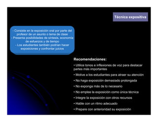 Técnica expositiva


 - Consiste en la exposición oral por parte del
    profesor de un asunto o tema de clase
- Presenta posibilidades de síntesis economía
                            síntesis,
           de esfuerzos y de tiempo
   - Los estudiantes también podrían hacer
       exposiciones y confrontar juicios


                                                  Recomendaciones:
                                                  • Utilice tonos e inflexiones de voz para destacar
                                                  partes más importantes
                                                  • Motive a los estudiantes para atraer su atención
                                                  • No haga exposición demasiado prolongada
                                                  • No exponga más de lo necesario
                                                  • No emplee la exposición como única técnica
                                                  • Integre la exposición con otros recursos
                                                        g        p
                                                  • Hable con un ritmo adecuado
                                                  • Prepare con anterioridad su exposición
 