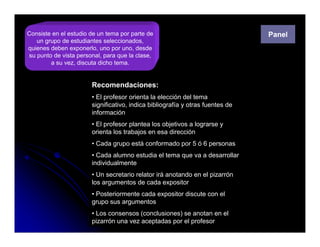 Consiste en el estudio de un tema por parte de                                 Panel
   un grupo de estudiantes seleccionados,
quienes deben exponerlo, uno por uno, desde
su punto de vista personal, para que la clase,
        a su vez, discuta dicho tema.


                       Recomendaciones:
                       • El profesor orienta la elección del tema
                       significativo, indica bibliografía y otras fuentes de
                         g                         g
                       información
                       • El profesor plantea los objetivos a lograrse y
                       orienta los trabajos en esa dirección
                       • Cada grupo está conformado por 5 ó 6 personas
                       • Cada alumno estudia el tema que va a desarrollar
                       individualmente
                       • Un secretario relator irá anotando en el pizarrón
                       los argumentos de cada expositor
                       • Posteriormente cada expositor discute con el
                       grupo sus argumentos
                       • Los consensos (conclusiones) se anotan en el
                       pizarrón una vez aceptadas por el profesor
 