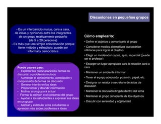 Discusiones en pequeños grupos


    - Es un intercambio mutuo, cara a cara,
   de ideas y opiniones entre los integrantes
       de un grupo relativamente pequeño              Cómo emplearlo:
              (de 5 a 20 personas)                    • Definir el objetivo y comunicarlo al grupo
- Es más que una simple conversación porque
      tiene método y estructura, puede ser            • Considerar medios alternativos que podrían
             informal y democrática                   utilizarse para lograr el objetivo
                                                      • Elegir un moderador capaz, apto, imparcial (
                                                                                                   (puede
                                                      ser el profesor)
                                                      • Escoger un lugar apropiado para la relación cara a
    Puede usarse para:                                cara
    - Explorar las preocupaciones, temas de           • Mantener un ambiente informal
    discusión o problemas mutuos
    - Aumentar el conocimiento, apreciación y         • Tener el equipo adecuado: pizarrón, papel, etc.
    comprensión de temas de discusión                 • Designar un relator o secretario de actas de
    - Generar interés en las ideas                    discusión
    - Proporcionar y difundir información
    - Motivar a un grupo a actuar                     • Mantener la discusión dirigida dentro del tema
    - Formar la opinión o el consenso del grupo       • Mantener al grupo consciente de los objetivos
    - Ayudar a los estudiantes a expresar sus ideas
    en un grupo                                       • Discutir con serenidad y objetividad
    - Alentar y estimular a los estudiantes a
    aprender más sobre problemas e ideas
 