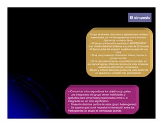 El simposio



                 - Grupo de charlas, discursos o exposiciones verbales
                     presentados por varios expositores sobre diversas
                                  ópticas de un mismo tema
                    - El tiempo y el tema los controla un MODERADOR
                - Las charlas deberían limitarse a no más de 20 minutos
                  - El tiempo total del simposio no debería pasar de una
                                             Hora
                    - Sirve para presentar información básica: hechos o
                                        puntos de vista
                    - Sirve para descomponer un problema complejo en
                sus partes lógicas, diferentes puntos de vista, intereses,
                             soluciones alternativas, comentarios
                 - Reunir y enfocar diferentes puntos de vista dentro de
                                                  p
                          un esquema o contexto más generalizado




- Comunicar a los expositores los objetivos grupales
- Los integrantes del grupo tienen habilidades y
aptitudes para tomar ideas relacionadas entre sí e
integrarlas en un todo significativo
- Presenta distintos puntos de vista (grupo heterogéneo)
- Se supone que no se necesita la interacción entre los
Participantes (el grupo es demasiado grande)
 