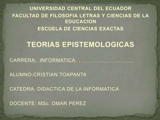 UNIVERSIDAD CENTRAL DEL ECUADOR
FACULTAD DE FILOSOFIA LETRAS Y CIENCIAS DE LA
                 EDUCACION
        ESCUELA DE CIENCIAS EXACTAS


     TEORIAS EPISTEMOLOGICAS

CARRERA: INFORMATICA

ALUMNO:CRISTIAN TOAPANTA

CATEDRA: DIDACTICA DE LA INFORMATICA

DOCENTE: MSc. OMAR PEREZ
 